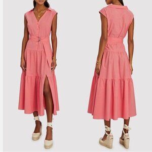 INTERMIX Birch Belted Poplin Coral Ruffled Button Front Midi Dress